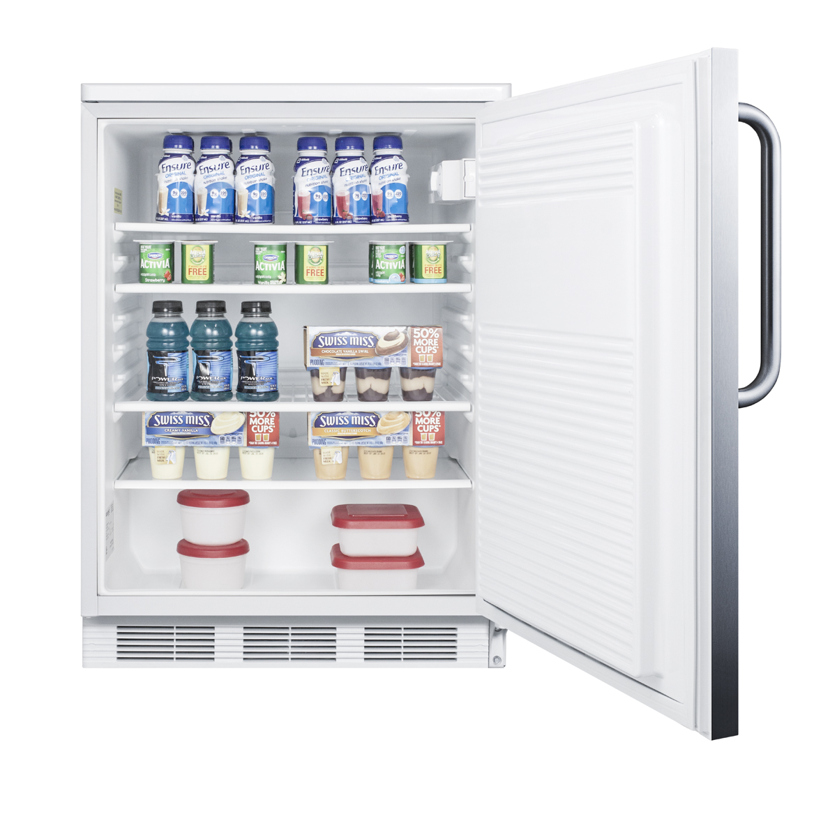 Commercially listed freestanding all-refrigerator for general purpose use, auto defrost w/lock, SS wrapped door, towel bar handle, and white cabinet
